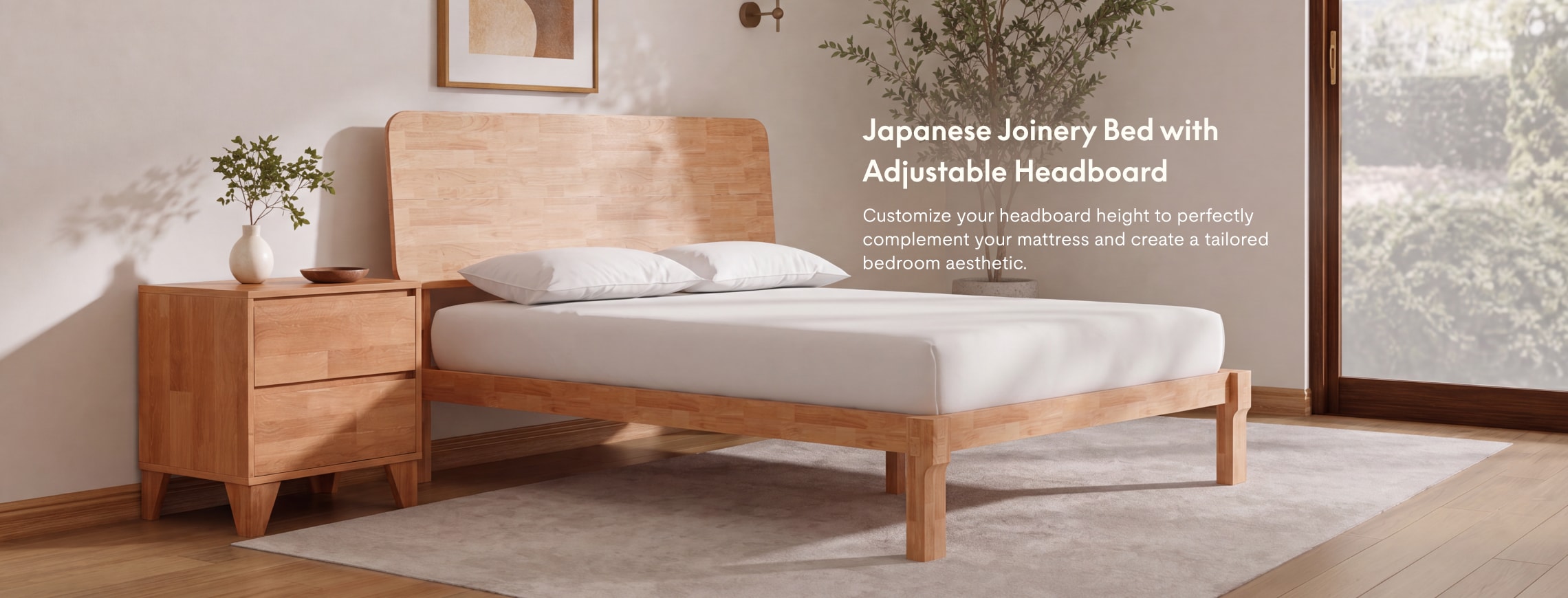 Japanese Joinery Solid Wood Bed Frame with Adjustable Headboard for a Customized Bedroom Fit