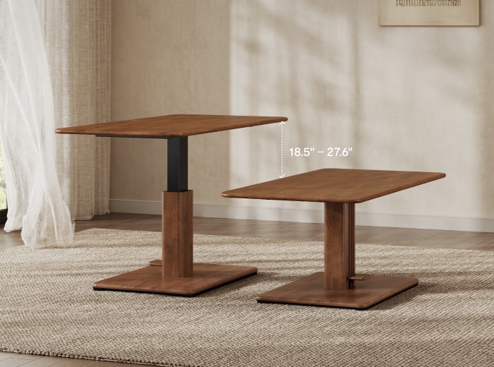 Height-adjustable coffee table shown at its 18.5-inch and 27.6-inch positions