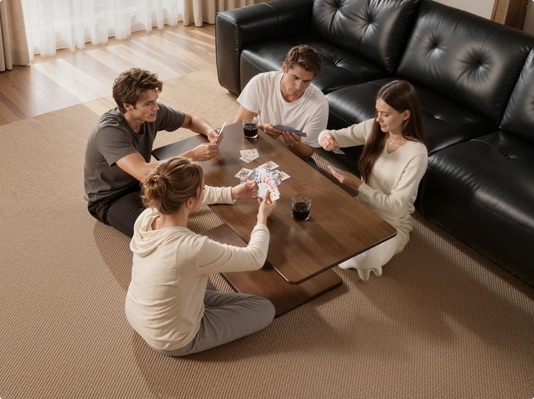 Four friends playing cards around the lowered height-adjustable coffee table