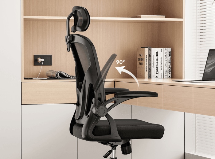 C2 ergonomic office chair showing 90-degree flip-up armrests for space-saving storage under desk