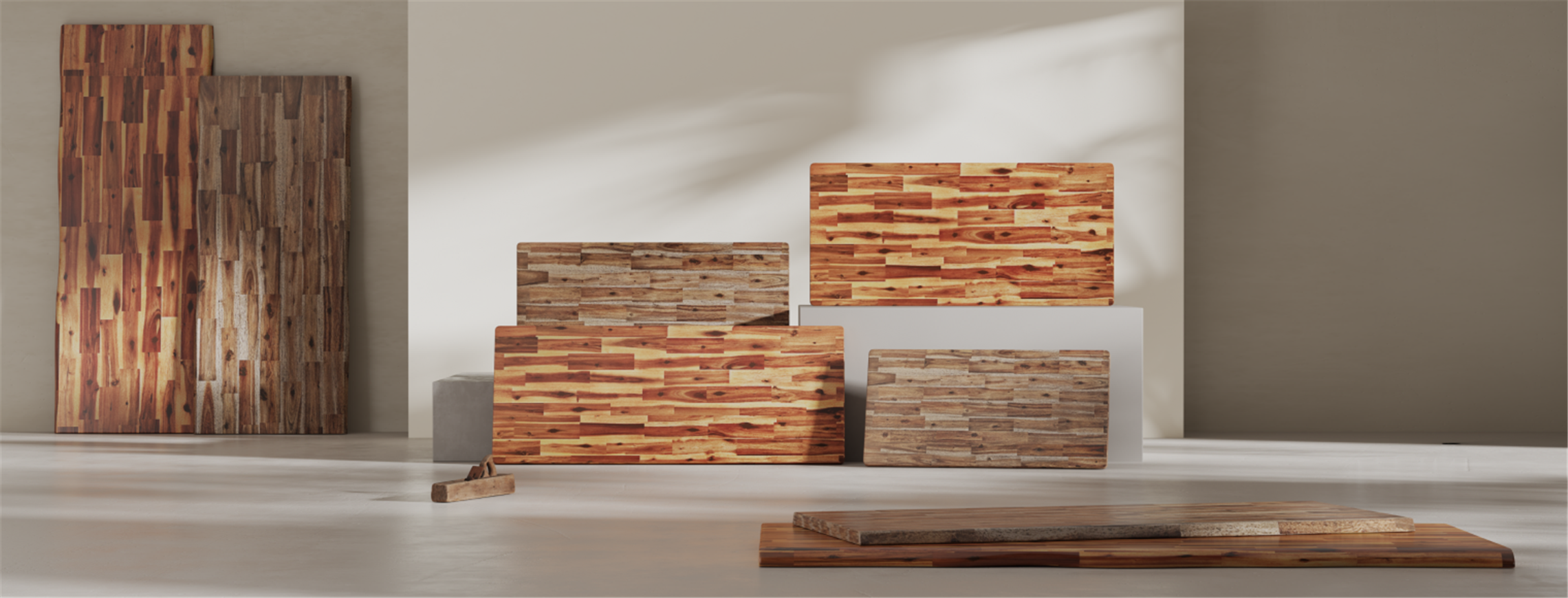 Collection of acacia wood tabletops in two finishes and four size options