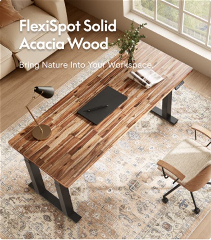 Acacia wood tabletop electric standing desk paired with office chair in sunlit window-side home office.