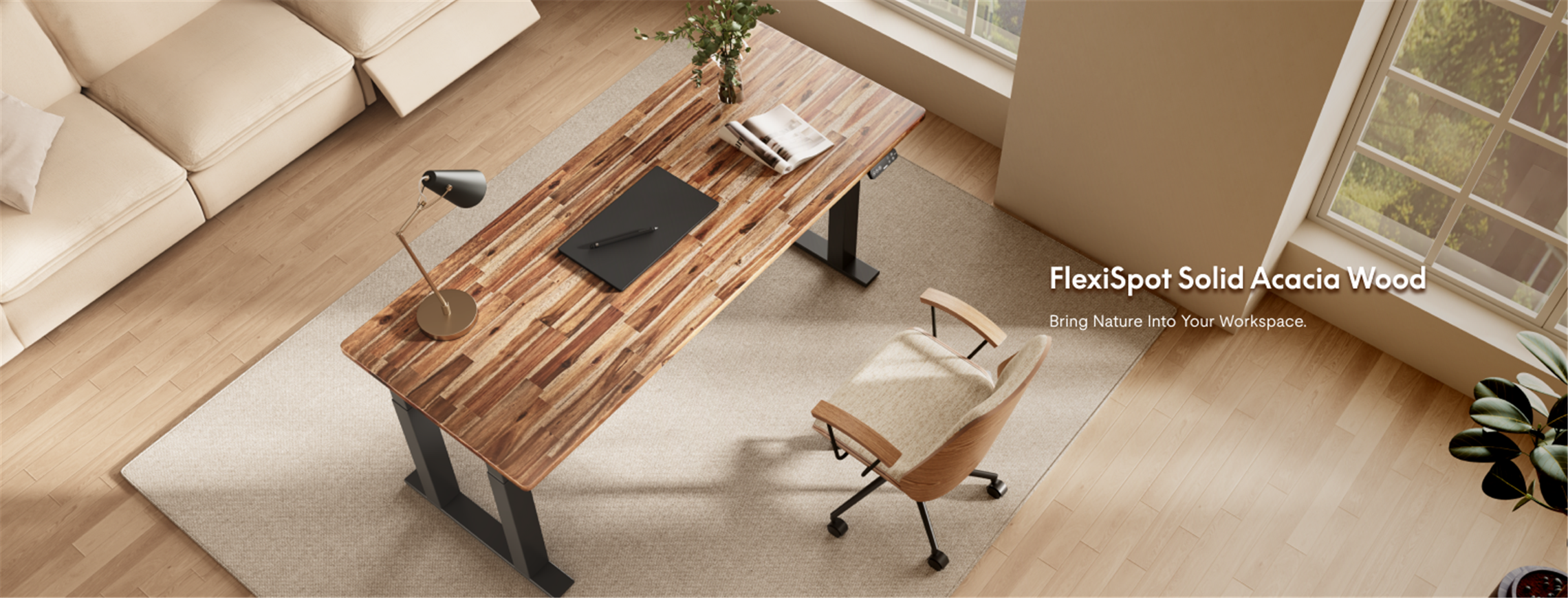Acacia wood tabletop electric standing desk paired with office chair in sunlit window-side home office.