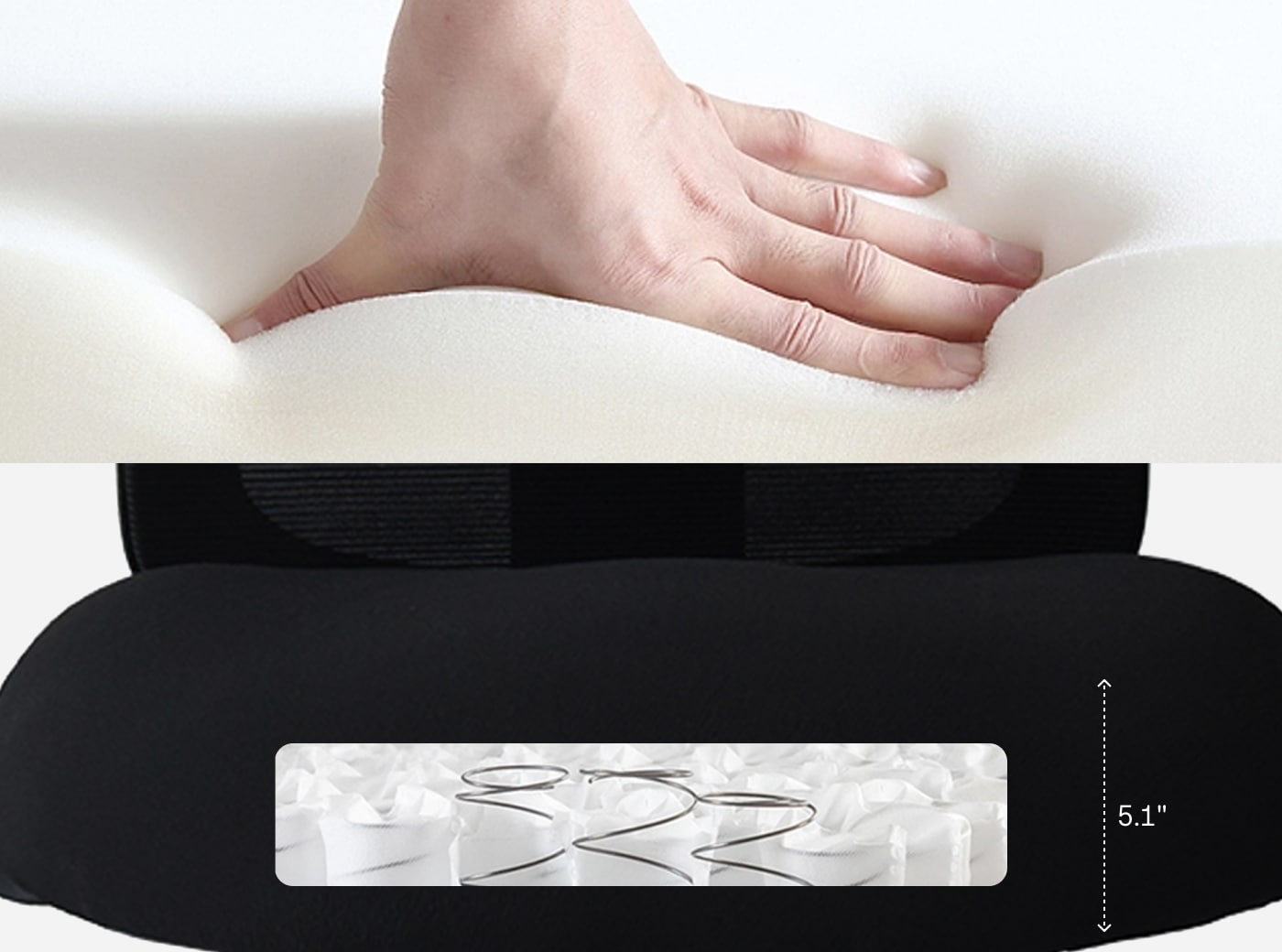 Hand presses C3 office chair’s 5.1‑inch thick cushion to display its built‑in responsive spring support