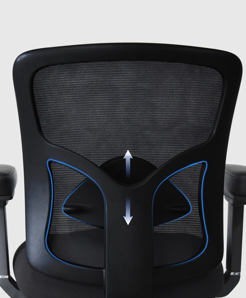 Dual‑image of C3 office chair demonstrating ergonomic back contour, adjustable lumbar support and breathable mesh back