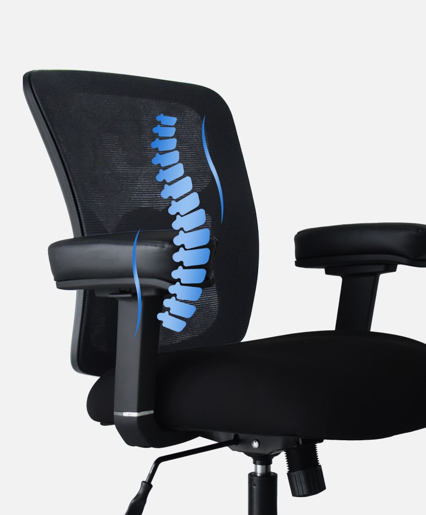 Dual‑image of C3 office chair demonstrating ergonomic back contour, adjustable lumbar support and breathable mesh back