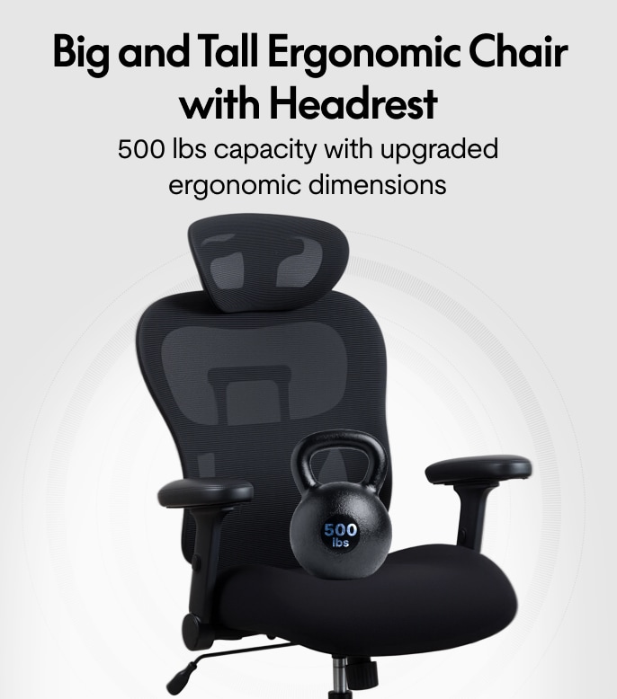 Big & tall ergonomic office chair C3  with headrest, 500‑lbs weight capacity shown with kettlebell graphic.