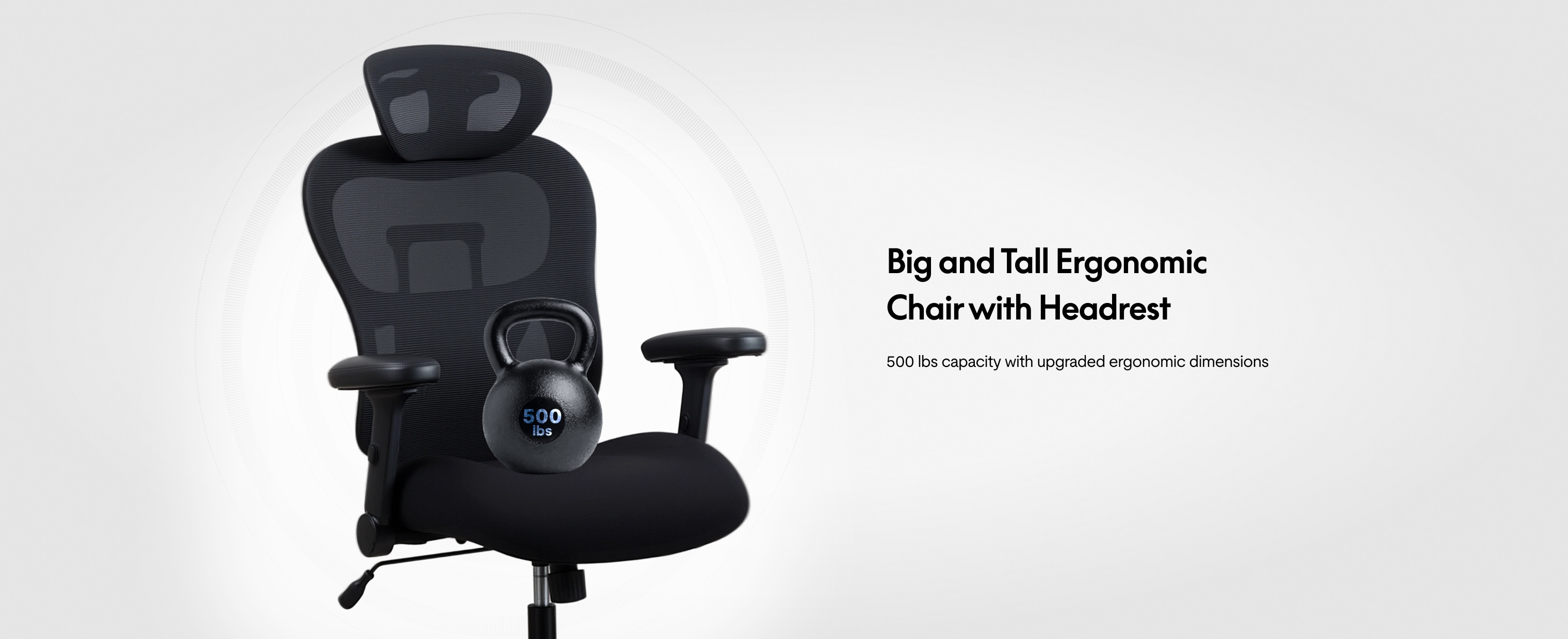 Big & tall ergonomic office chair C3  with headrest, 500‑lbs weight capacity shown with kettlebell graphic.