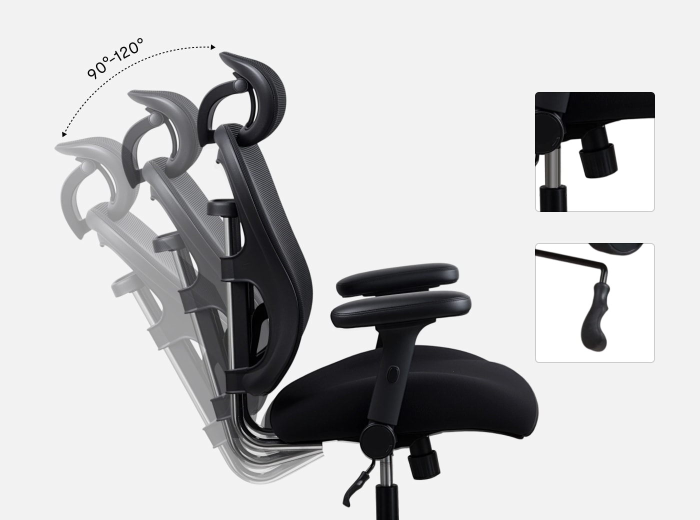 C3 ergonomic chair shows 90‑120 degree recline range for work and relaxation
