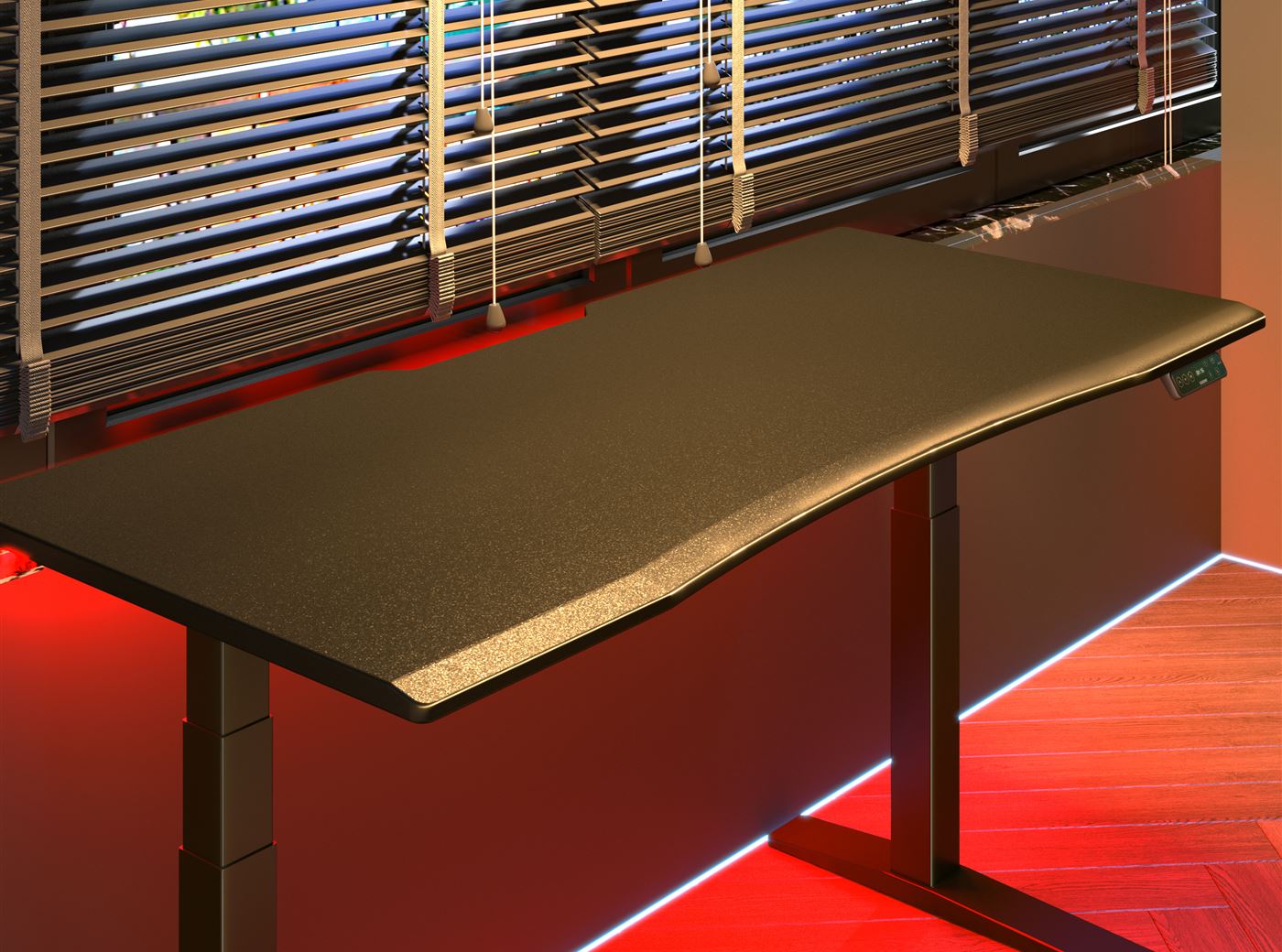 Gaming desktop with rounded edges designed to reduce wrist pressure and improve gaming comfort.