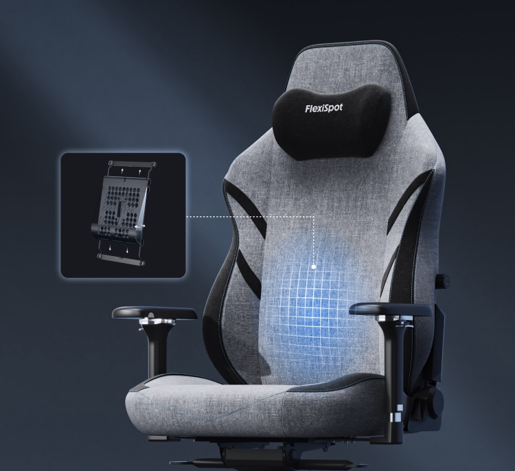 Height and depth adjustable lumbar support system detail of the GC7 ergonomic gaming chair