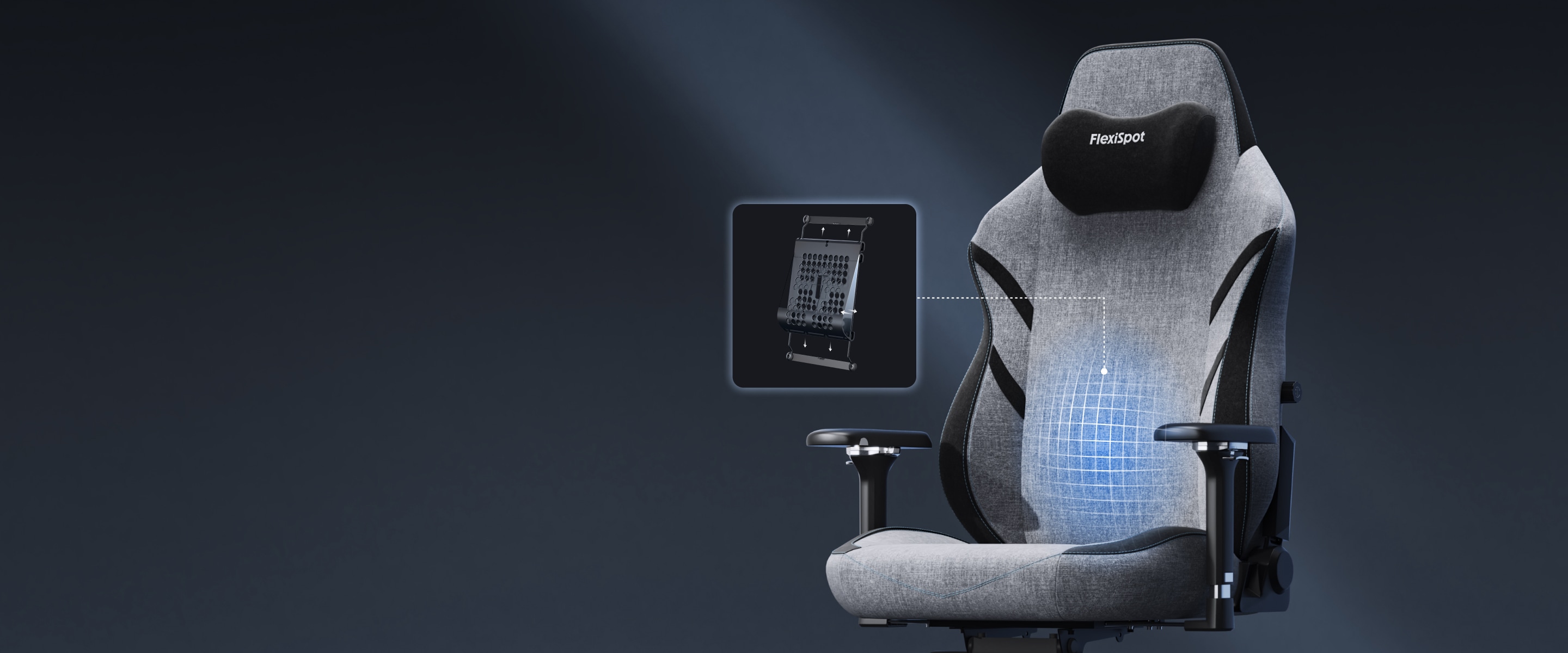 Height and depth adjustable lumbar support system detail of the GC7 ergonomic gaming chair