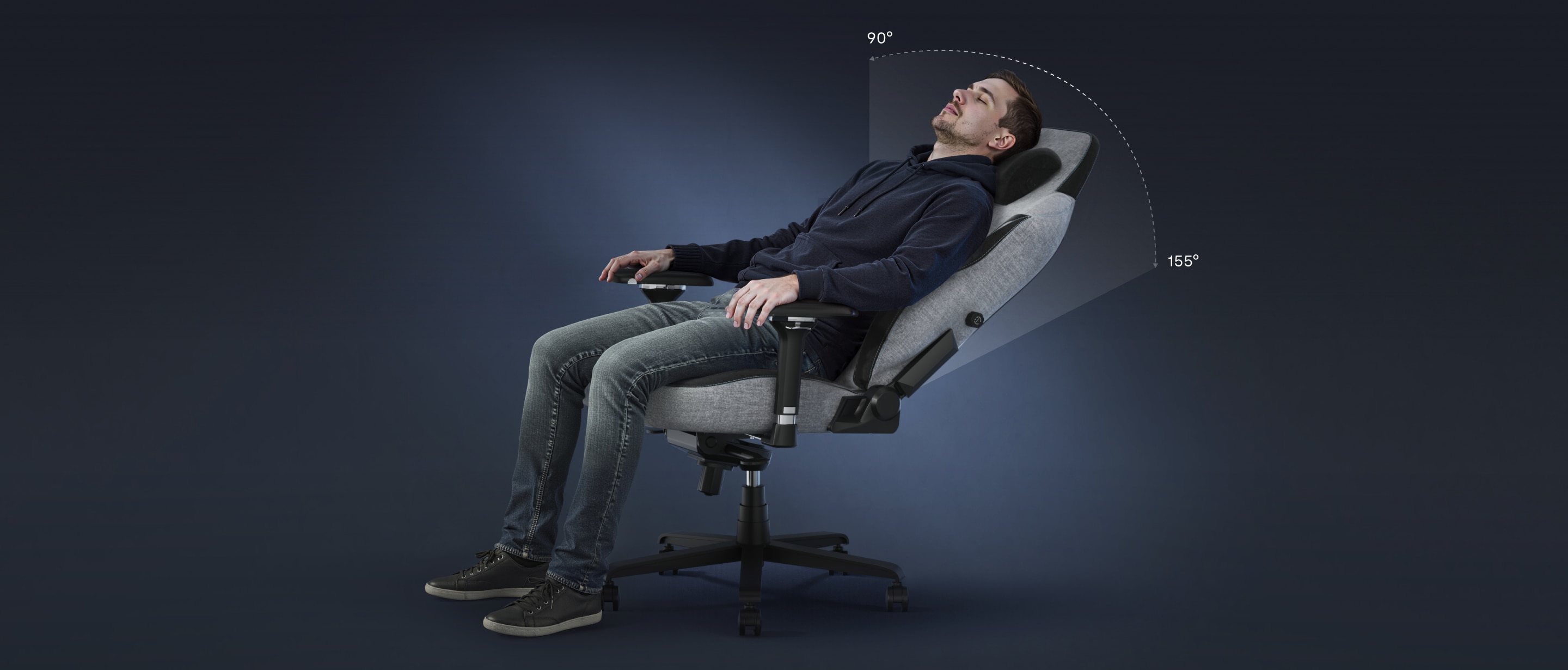 A man relaxing in the GC7 gaming chair, showing its 90-155° deep recline feature.