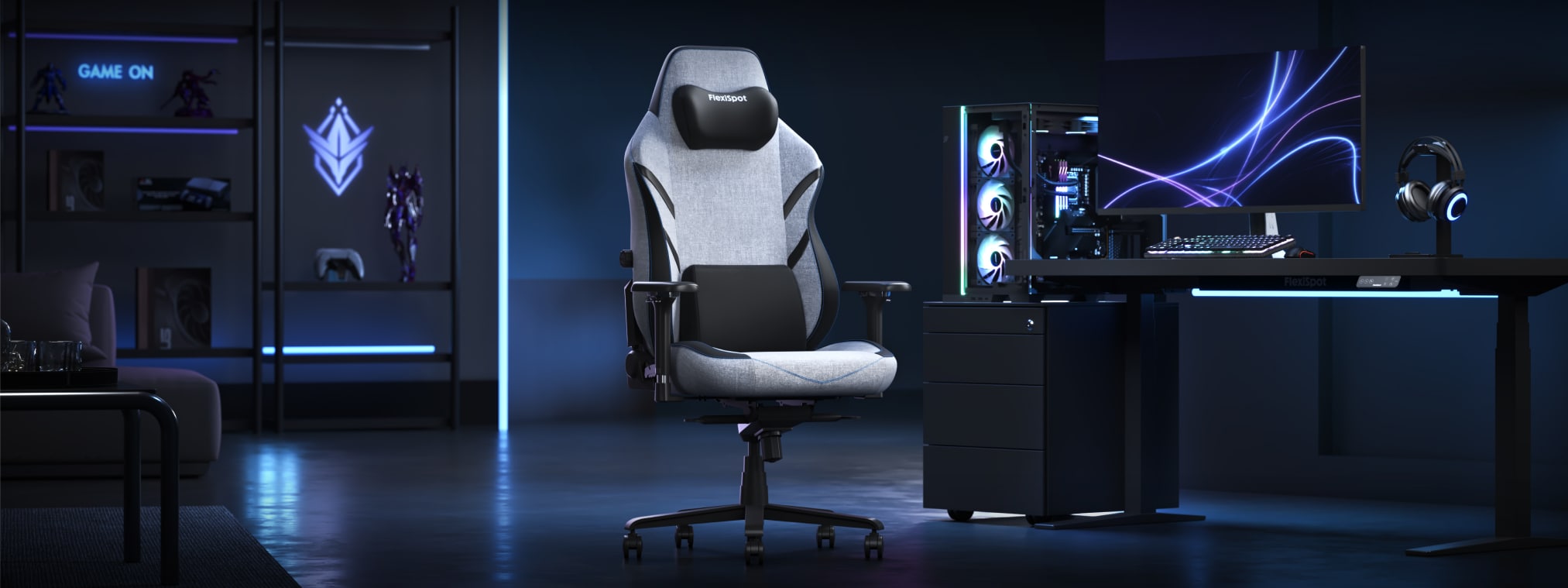The GC7 ergonomic gaming chair sits in a dark, neon-lit gaming room next to a gaming desk.