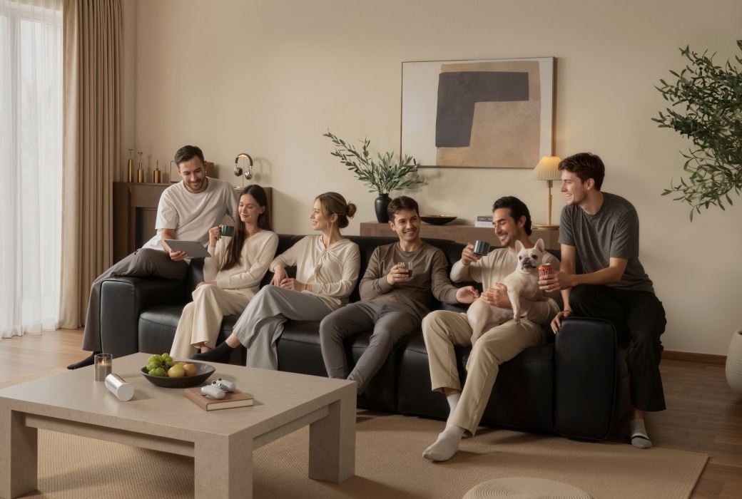 Family and friends gathering around a spacious reclining sofa in a stylish living room
