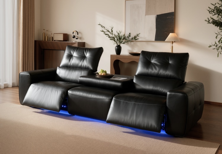 Three-seat power reclining sofa with a flip-back center table for drinks and snacks