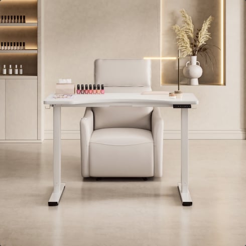 White manicure height‑adjustable desk with stable T‑shaped frame for nail salon