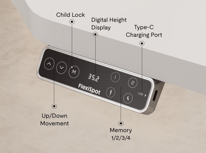 E7 desk leg hand controller, height adjustable keypad with display, child lock, memory presets and Type‑C charging port