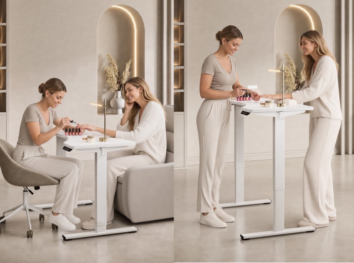 Height‑adjustable nail table showing sitting and standing working modes for nail salon