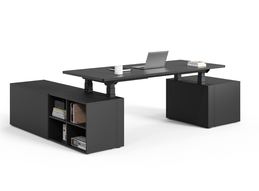 Black electric height adjustable desk with storage cabinets, feature highlight for smooth sliding drawers, product marketing image