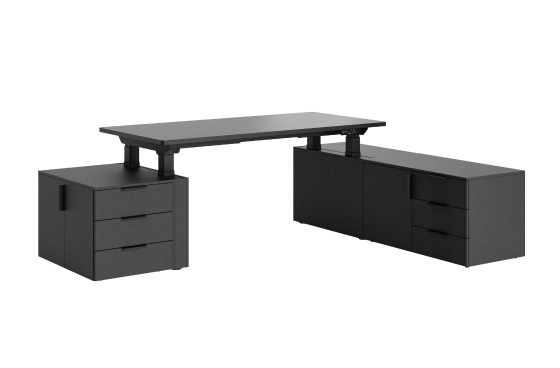 Electric standing desk complete set with black tabletop and dual‑side storage cabinets