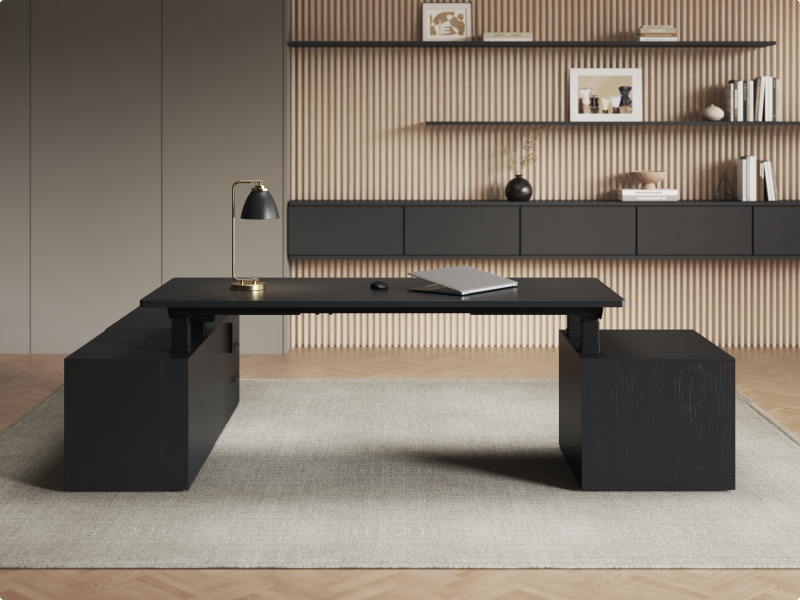 Full‑set black executive standing desk in modern luxury office interior scene