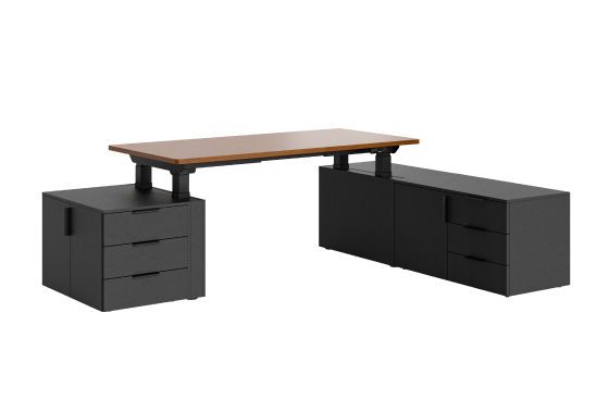 Electric standing desk complete set, black‑walnut color tabletop with black‑color dual‑side storage cabinets