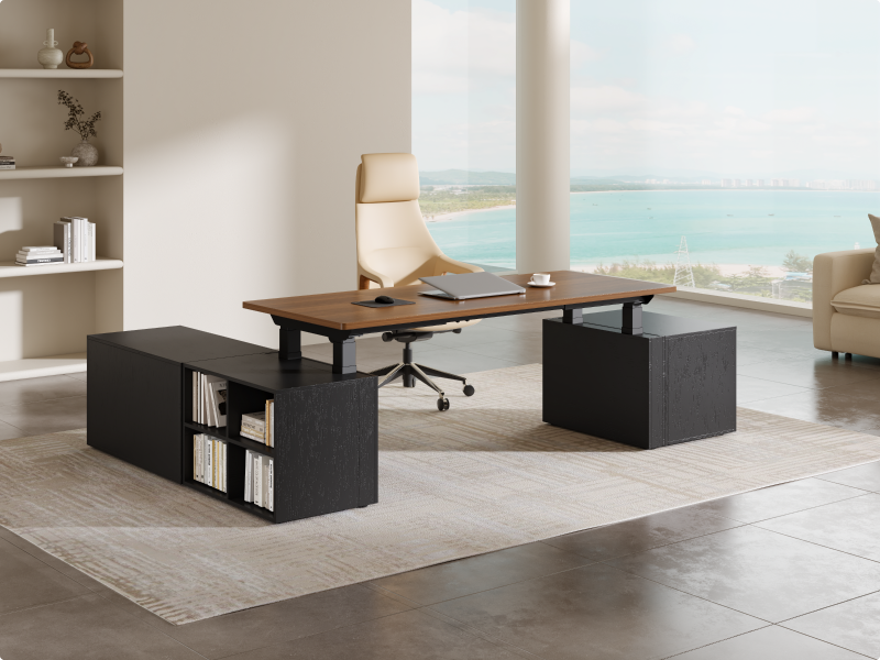 Modern home‑office interior scene, black‑color electric standing desk with storage cabinets and black office chair