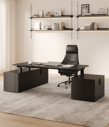 Complete height‑adjustable executive desk in bright office with sea‑view window