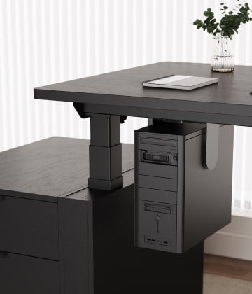 Desk CPU holder close‑up, sturdy mount for computer tower