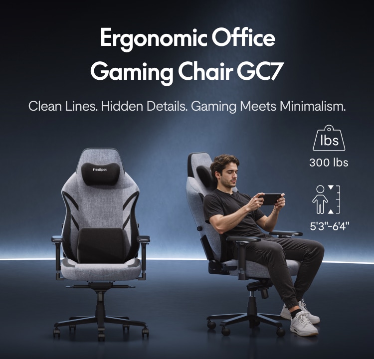 The FlexiSpot ergonomic gaming chair GC7 is shown from the front, and a man is seated on it to play games.
