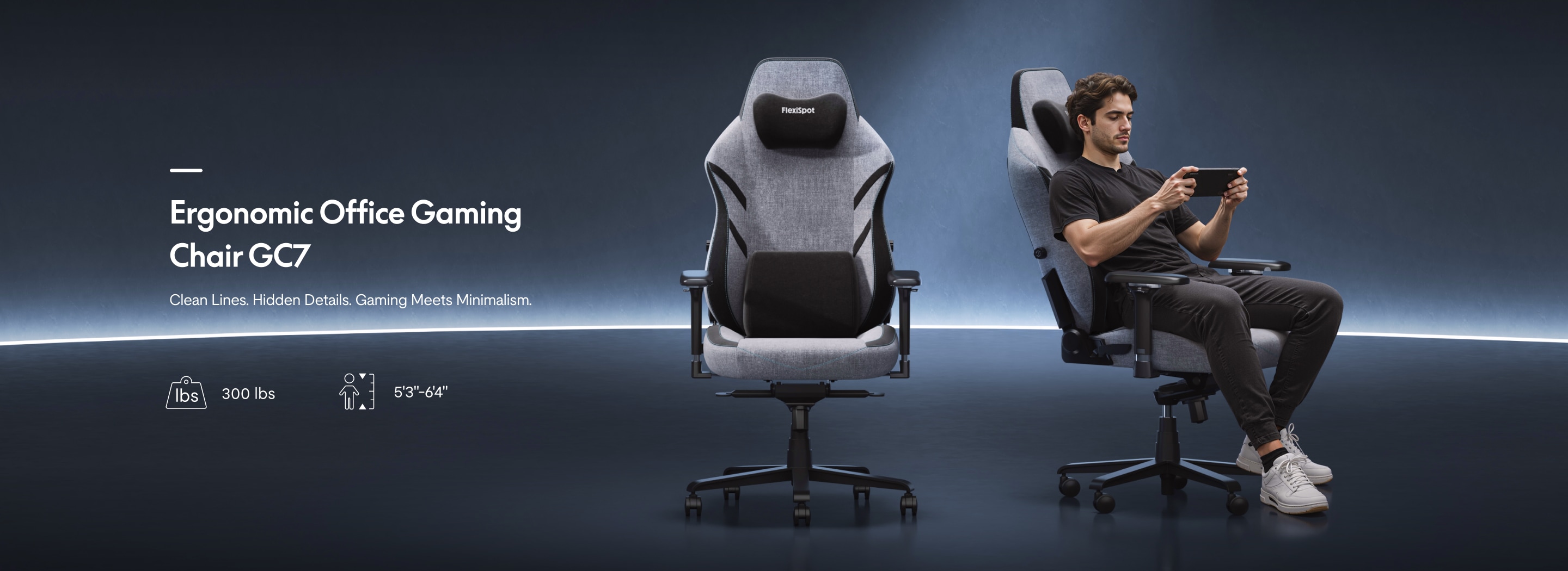 The FlexiSpot ergonomic gaming chair GC7 is shown from the front, and a man is seated on it to play games.