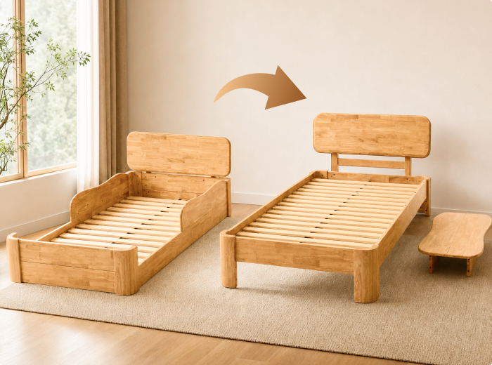 Convertible Lumi Evo kids bed shown in floor bed and raised bed stages for long-term use