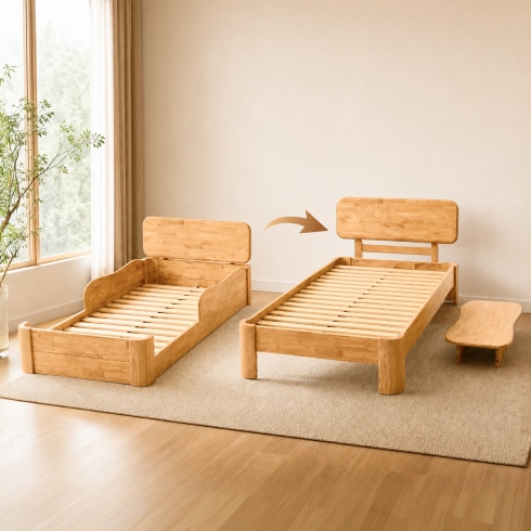 Convertible Lumi Evo kids bed shown in floor bed and raised bed stages for long-term use.