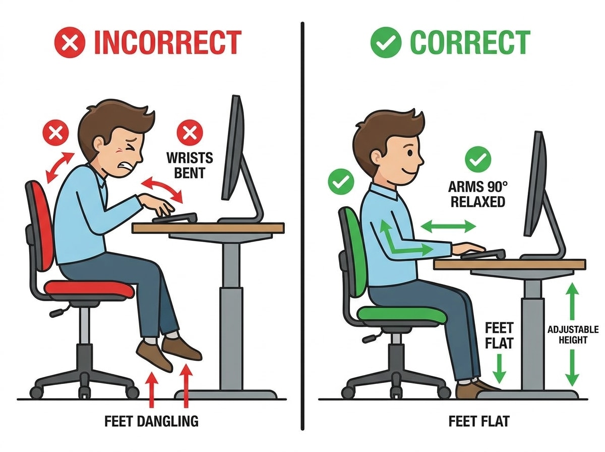 Infographic comparing correct vs incorrect sitting posture on an adjustable standing desk