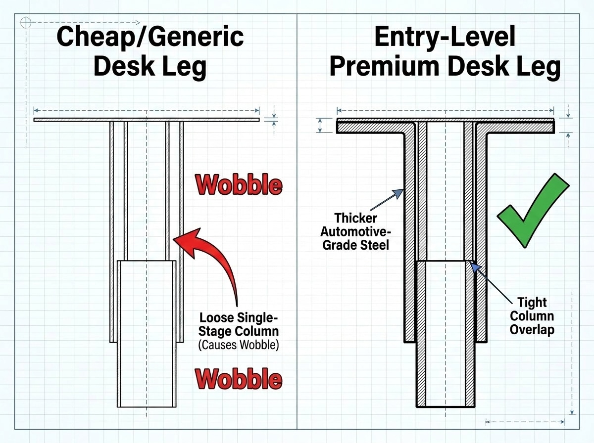 Diagram comparing thin steel desk columns to heavy-duty premium steel desk legs