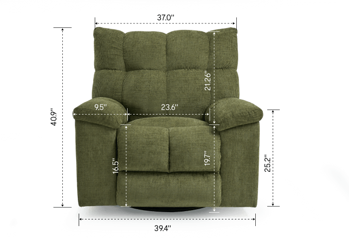 A green recliner chair with dimensions labeled: 39.4" wide, 21.26" high, 23.6" deep, and seat height of 19.7".