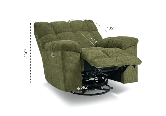 A green recliner chair with dimensions labeled, featuring a tufted design and a reclining mechanism.