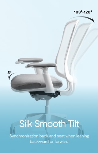 Image of an ergonomic office chair showcasing its adjustable features, including a silk-smooth tilt mechanism and armrests.