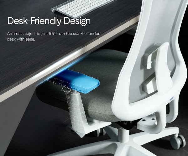 Image of an ergonomic office chair with adjustable armrests, designed to fit under a desk easily. Text highlights its desk-friendly design.