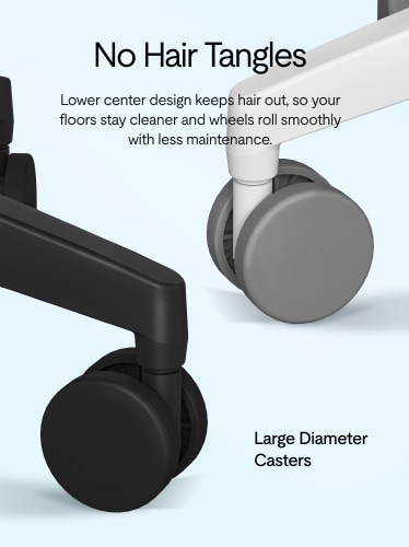 Image features a close-up of chair casters in black and gray, highlighting a design that prevents hair tangles for easier maintenance.