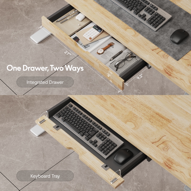 Dual-function wooden desk drawer with dimensions, showcasing storage for stationery and gadgets above, and a keyboard tray below.