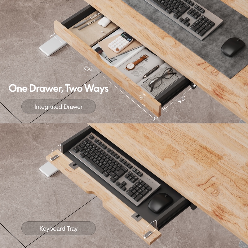Top view of a wooden desk with a dual-function drawer, showcasing organized storage for stationery and a keyboard tray.